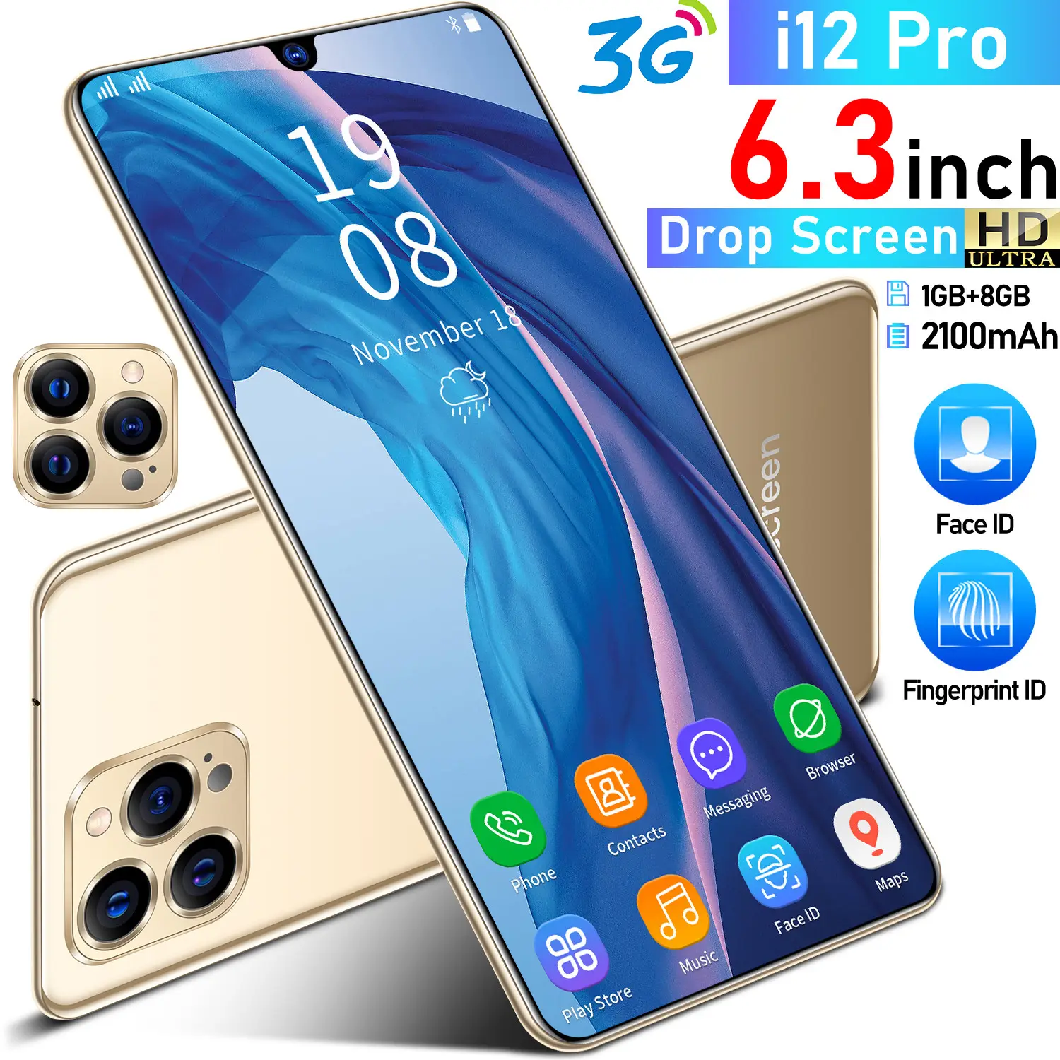 2021 Hot sales Cheap Price IP12 Pro 6.3 Inch 1G + 8G dual sim Smartphone Dual Core android watch phone