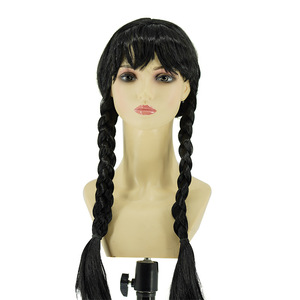 Éxito de ventas transfronterizo: Peluca de seda sin encaje estilo anime de la Familia Addams de Miércoles Addams para Halloween, negra con doble trenza, estilo COS de fábrica. - Product Image 1