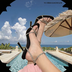 Sandali da Donna con Tacco Alto Sottile Rosa e Nero, Sexy con Punta Aperta, Cinturini, Decorazioni con Perline e Design con Lettere - Product Image 3