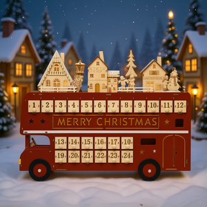 Calendrier de l'Avent de Noël en forme de bus en bois avec 24 tiroirs, décoration festive de style traditionnel - Product Image 2