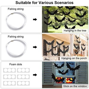 Décoration suspendue de chauve-souris d'Halloween en plastique, adhésive, réutilisable, pour fêtes intérieures, 3 tailles, lot de 6 - Product Image 4