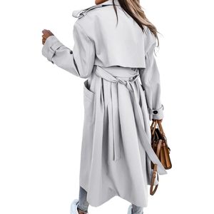 Fisoew Women's Double Breasted Long Trench Coat Windproof Classic Lapel <b>Belted</b> Overcoat With <b>Pockets</b> Autumn Wear - Product Image 4