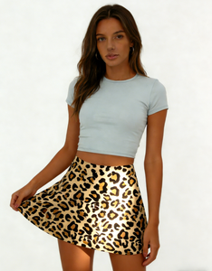 Jupe d'été décontractée grande taille pour femme à imprimé léopard - Mini-jupe athlétique taille haute extensible coupe trapèze - Product Image 3