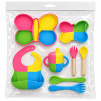 Ensemble d'alimentation pour bébé en silicone motif papillon : assiette à ventouse, bavoir, tasse d'apprentissage, cuillère, fourchette, vaisselle pour enfants