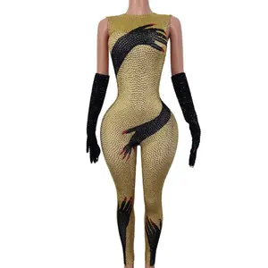 2023 Halloween Festival Outfit Gold Rhinestone Bodysuits Show Dancer Leotard Singer Rompers Women Diamond Bodycon Jumpsuits