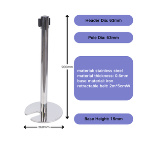 Poteau de contrôle de foule en acier inoxydable argenté durable avec base en fonte lestée et ceinture de 5 cm de large - Product Image 4
