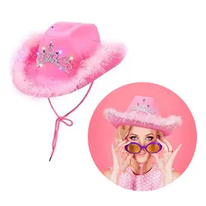 모피 패션 가짜 핑크 암소 소녀 반짝 일반 펠트 도매 스파클 모자 미국 여자 카우보이 모자 깃털