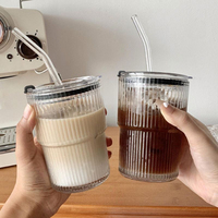 Tasse à café en verre à rayures simples avec couvercle et paille tasse à thé à bulles transparente tasse à jus verre à lait moka tasse à petit déjeuner 450ml