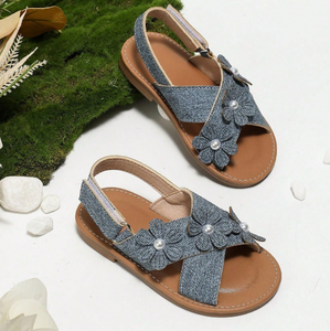 Sandales pour filles, mode, fleurs, princesse, boucle arrière, bande magique, sandales plates en denim pour filles - Product Image 4