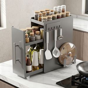 Étagère à épices de cuisine multi-niveaux, boîte de rangement coulissante pour comptoir, anti-poussière, type push-pull - Product Image 3