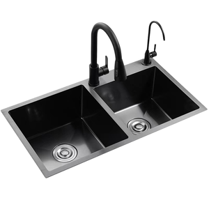 Évier de cuisine moderne noir en acier inoxydable nano, double bac, avec robinet extractible et robinet filtrant, vente en gros - Product Image 1