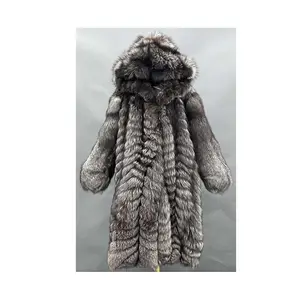 Abrigo de piel de zorro con capucha para mujer, talla personalizada, de lujo, grueso, plateado, largo X, para invierno