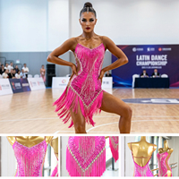 Robe de concours de danse latine professionnelle rose à franges LD001 pour femmes, avec strass, pour salsa, cha-cha, tango, danse de salon, costume personnalisé