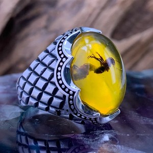 Atacado <span class=keywords><strong>Men</strong></span>'s Antique Black Silver Finger <span class=keywords><strong>Ring</strong></span> <span class=keywords><strong>Retro</strong></span> Banhado Oval Natural Ágata Animal Fósseis Ant Âmbar Anéis para Homens - Product Image 3