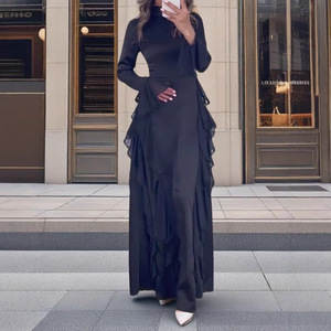 Robe de soirée pour femme, col rond, manches évasées, taille haute, asymétrique, couleur unie, blanc, bleu, noir, rouge, rose, fibre de polyester - Product Image 3