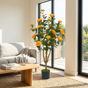 Große Künstliche Kamelien-Bäume im Topf für Innen- und Außenbereich Künstlicher <span class=keywords><strong>Bonsai</strong></span>-Baum mit Orangenfarbenen Blüten Großhandel - Product Image 5