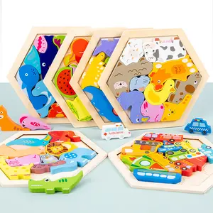 Blocs de Puzzle 3D en bois pour bébé, jouets éducatifs de circulation d'animaux de dessin animé de fruits pour enfants