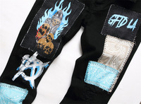 Pantalon en jean noir délavé pour homme, avec patchs déchirés, broderie, rivets, style hip-hop, streetwear, respirant, pour les fêtes