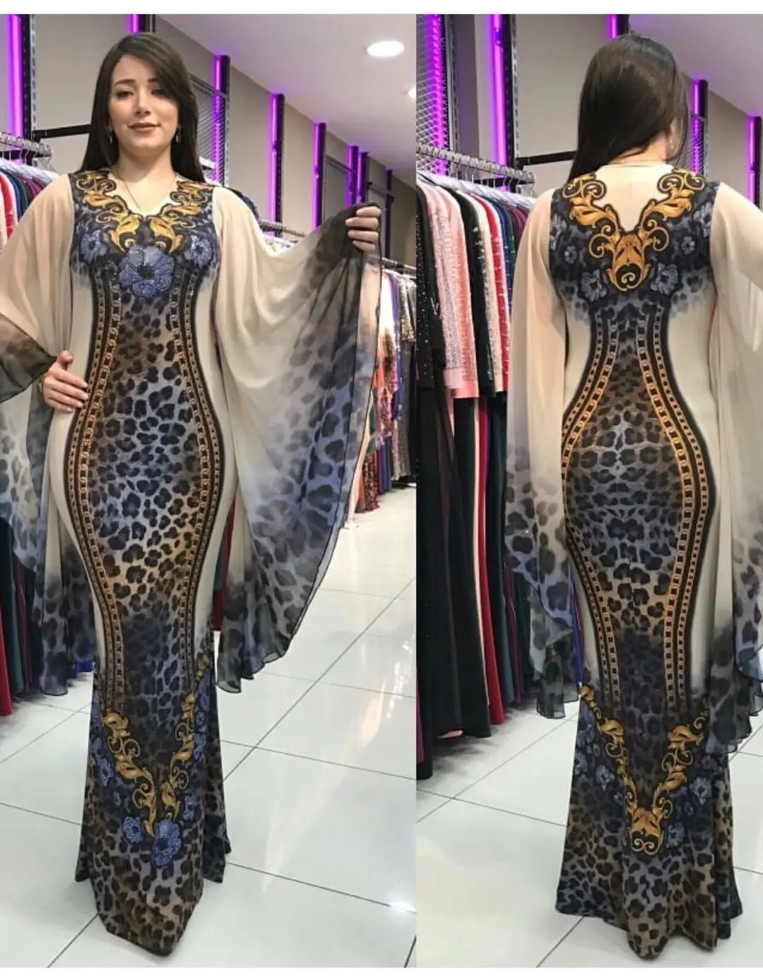 2021 Middle East Women fashion leopard print V neck close-fitting party printing sexy long dress kaftan abaya style