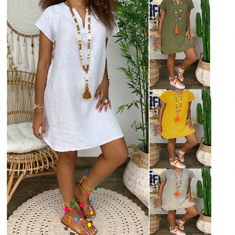 Summer Casual Dresses 2022 Loose Solid Color Short-sleeve V-neck Cotton And Linen Dress