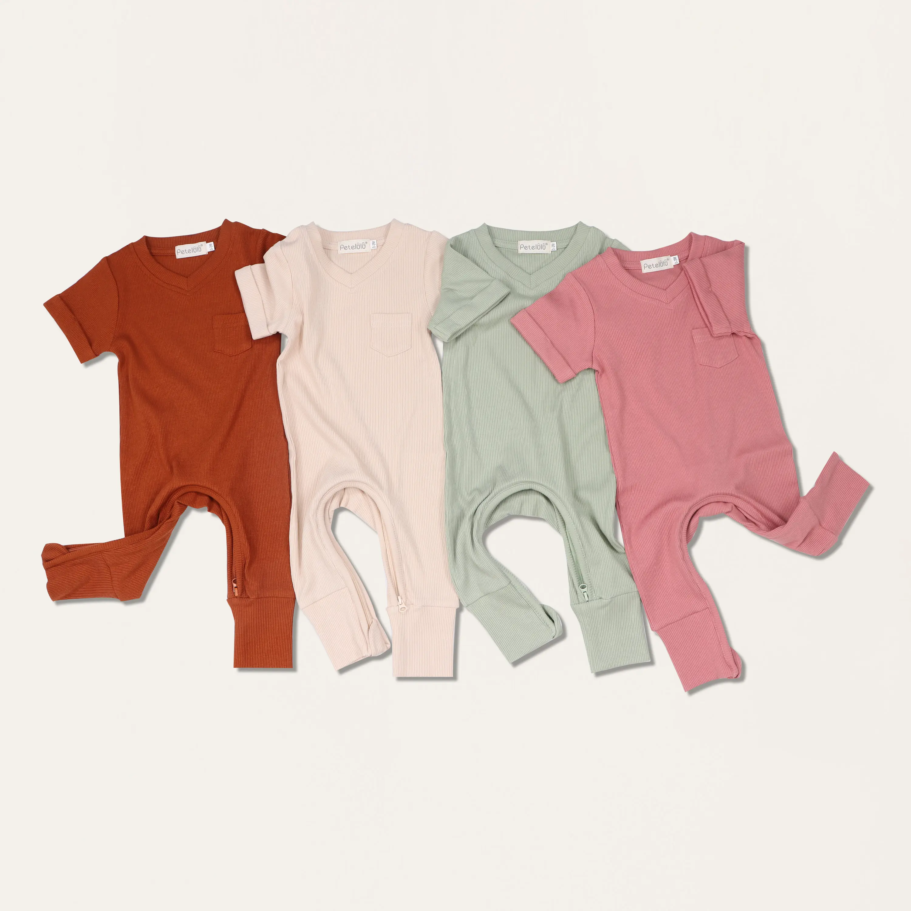 Baju kodok bambu bergaris uniseks, jumpsuit bayi lengan pendek warna solid, jumpsuit merangkak