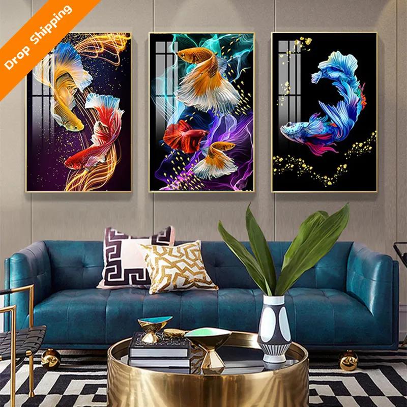 Tùy Chỉnh Thiết Kế Triptych Bức Tranh Tường Cá Vàng Pha Lê Sứ Thủy Tinh Châu Âu Pha Lê Sứ Sơn Phòng Khách Phòng Ăn Roo