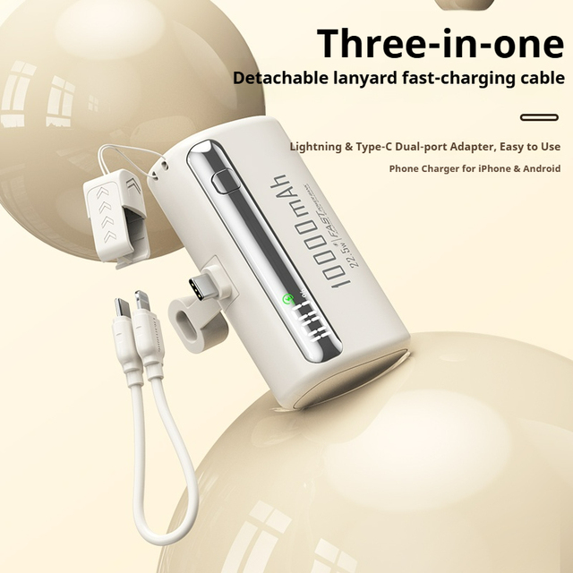 Mini 10000mAh Li-Polymer Capsule Power Bank 22.5W PD Fast Charging Double USB & Built-in Cable Phone Portable Power Station
