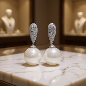 Orecchini Pendenti E3686 in Oro Bianco con Perle Coltivate, Forma Rotonda AAA, Gioielli da Sposa per Donna, Placcati in Oro 18K con Micro Incastonatura - Product Image 2