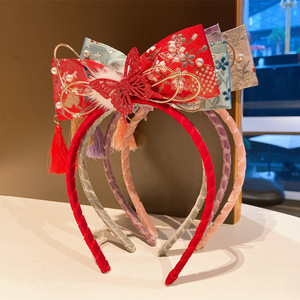 Accesorios chinos para <span class=keywords><strong>niñas</strong></span>, diadema cheongsam roja de Año Nuevo chino para niños, <span class=keywords><strong>flores</strong></span> y mariposas con borlas, diadema - Product Image 4
