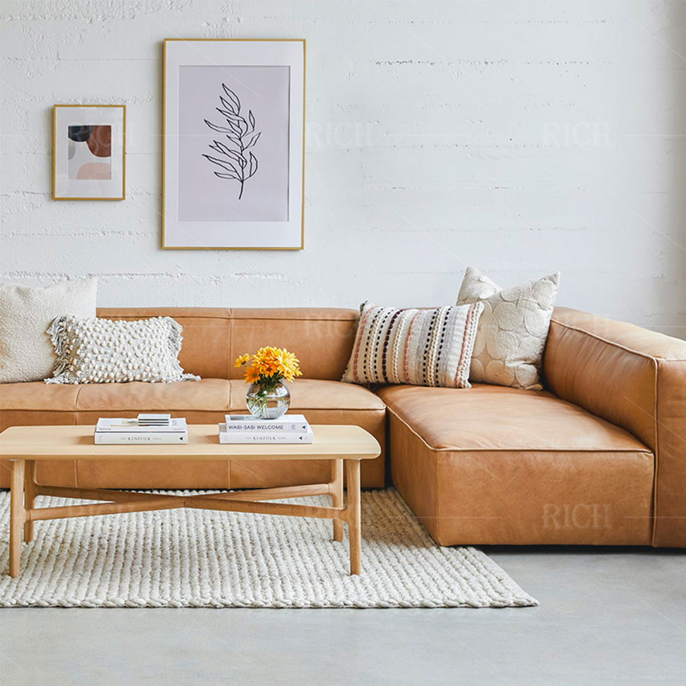 当代客厅家具l形贵妃椅沙发沙发浅棕色皮革现代分段沙发