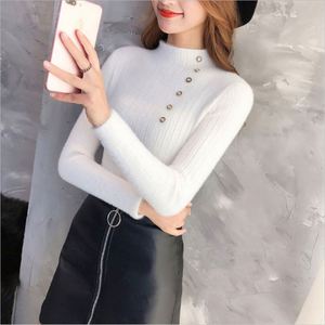 Suéteres Delgados con Botones de Terciopelo Sintético K102 para Mujer, Suéter Cálido de Punto, Jersey Femenino de Cuello Alto para Primavera, Color Sólido - Product Image 2
