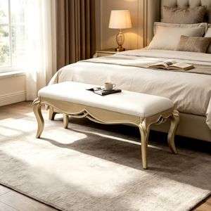 Luxury French <b>Bed</b> Bench, Cream Upholstered <b>End</b> of <b>Bed</b> Bench with Champagne Gold Legs - Product Image 1