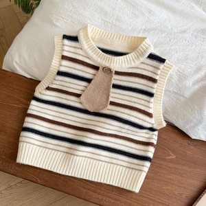 Gilet pull tricoté style coréen pour garçons, nouvelle collection printemps-automne 2025, veste <span class=keywords><strong>sans</strong></span> <span class=keywords><strong>manches</strong></span> à rayures, pull à col. - Product Image 3