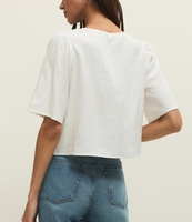 Chemisier décontracté en lin et coton à col en V pour femme, personnalisé OEM, design simple, motif tissé avec logo frontal, idéal pour toutes les saisons