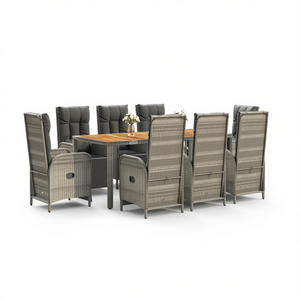 Ensemble de salle à manger de jardin en rotin gris 6 places, mobilier d'extérieur résistant aux intempéries, design contemporain, plateau en teck - Product Image 1