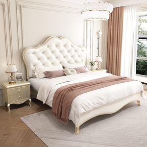 Cama doble moderna y sencilla de 1,8 m, cama de nube de lujo ligera de madera maciza de estilo americano, color crema, estilo francés para cama maestra con funda - Product Image 1