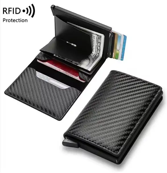 Bagsplaza Rfid antirrobo bolsa de tarjeta de aleación de aluminio personalizado Pop Up tarjetero manga cuero ID tarjeta billetera para hombres