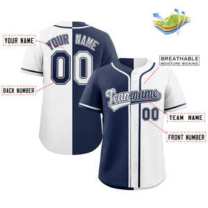Op maat gemaakt wit marineblauw baseballshirt met split en haakdetails, authentiek en modieus - Product Image 2