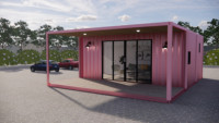 Maison préfabriquée moderne de luxe avec une chambre, une salle de bain, une cuisine, maison conteneur rose