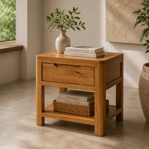 Mesita de Noche de Madera de Roble Escandinavo con un Cajón y Estante Abierto, Gabinete Minimalista para Dormitorio Moderno - Product Image 1
