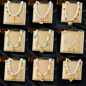 Pearl Necklace Women's Heart Bow Cross Musical Note Pendant Clavicle Chain Everyday Wear Stainless Steel Jewelry N3733 N3746 - Product Image 1