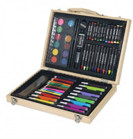 Ensemble de 68 crayons de couleur et de feutres aquarelles en boîte en bois pour enfants, pour dessin, peinture, art, cadeau scolaire