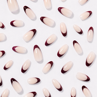 Faux ongles à presser élégants bordeaux français longs en amande, base nude brillante, pour usage quotidien et soirées