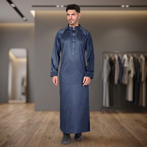 Robe musulmane modeste pour homme, bleu marine uni, à manches longues, col montant, longueur au sol - Product Image 3