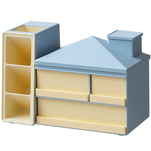 Desktop <b>Storage</b> Box With <b>Drawers</b> And Pen Holder Rectangle Shape Solid Color <b>Stackable</b> Office Organizer Stationery <b>Storage</b> Box - Product Image 1