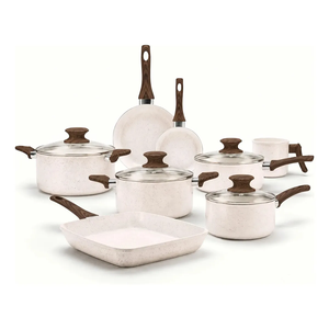 Ensemble de 12 ustensiles de cuisine en céramique antiadhésifs avec poignées en bois et couvercles en verre pour cuisinières à gaz et à induction, design moderne - Product Image 1