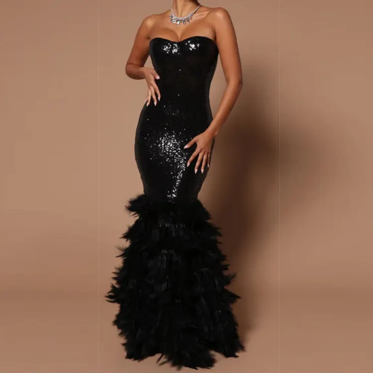 Zwarte Pailletten Jurken Vrouwen Dame Elegant Feest Avond Corset Luxe Avondjurken Met Veren Vrouwen Dame Elegant