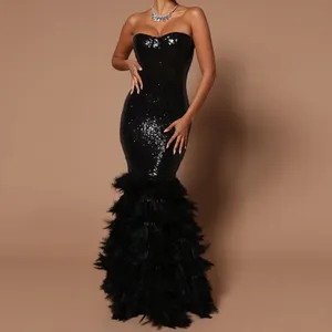 Zwarte Pailletten Jurken Vrouwen Dame Elegant Feest Avond Corset Luxe Avondjurken Met Veren Vrouwen Dame Elegant