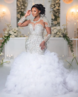 Robes de mariée sirène en dentelle blanche grande taille Aso Ebi 2024, dentelle luxueuse, strass, manches longues, volants, robe vintage