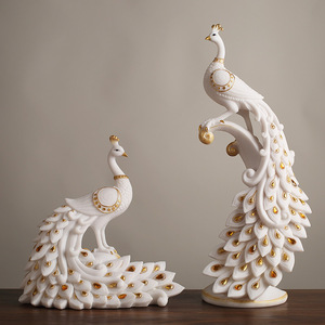 Ornement décoratif de paon de style chinois, 2 pièces, résines synthétiques, décoration de bureau pour salon - Product Image 1